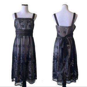 R&M RICHARDS Sz 14 Silver Sheer Sheath Dress with Black Floral Appliques